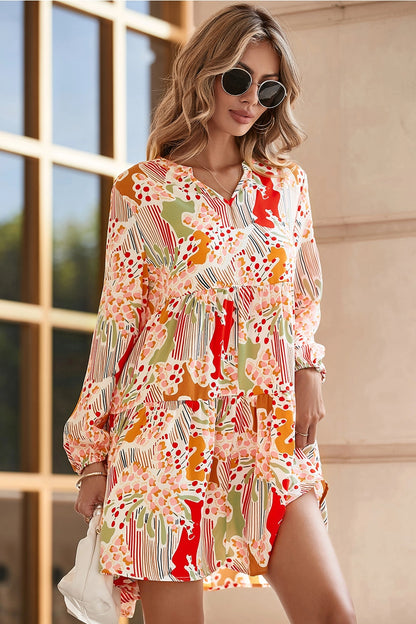 Multicolour Split Neck Puff Sleeve Flowy Printed Dress Women's Spring Dress