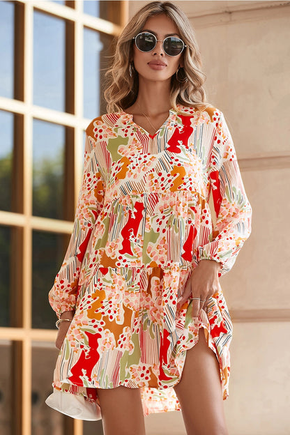 Multicolour Split Neck Puff Sleeve Flowy Printed Dress Women's Spring Dress