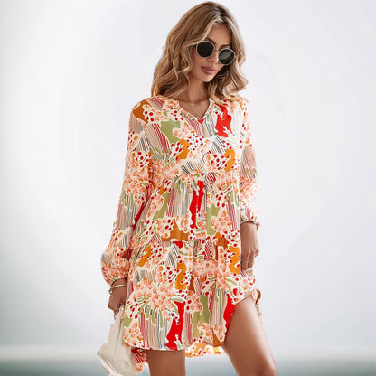 Multicolour Split Neck Puff Sleeve Flowy Printed Dress Women's Spring Dress