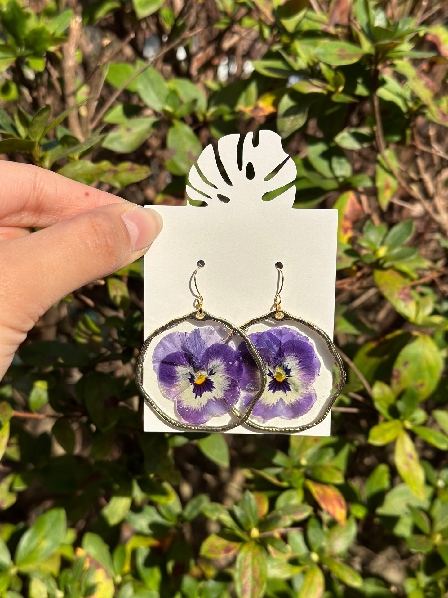 Purple Pansy Earrings in Gold