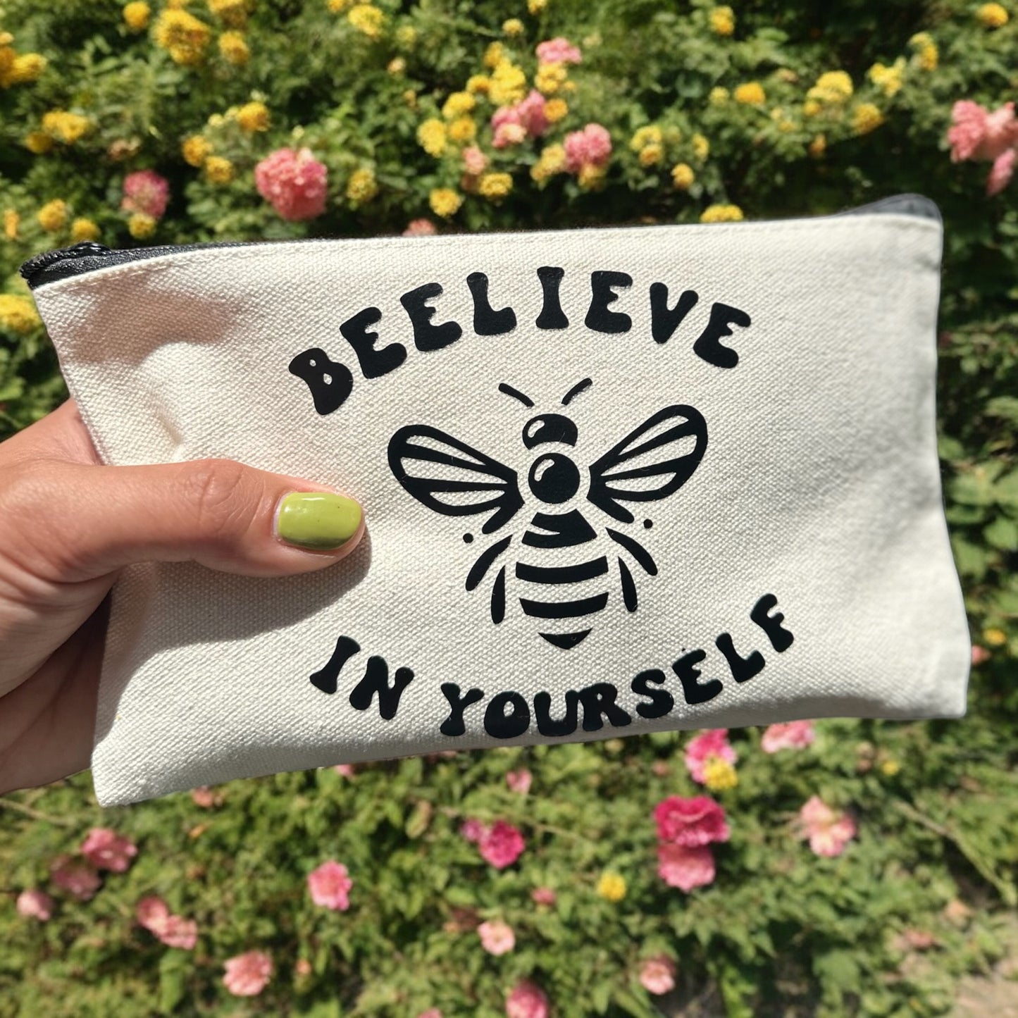 Beelieve in Yourself Bee canvas bag, pencil pouch, make up bag, Zipper bag