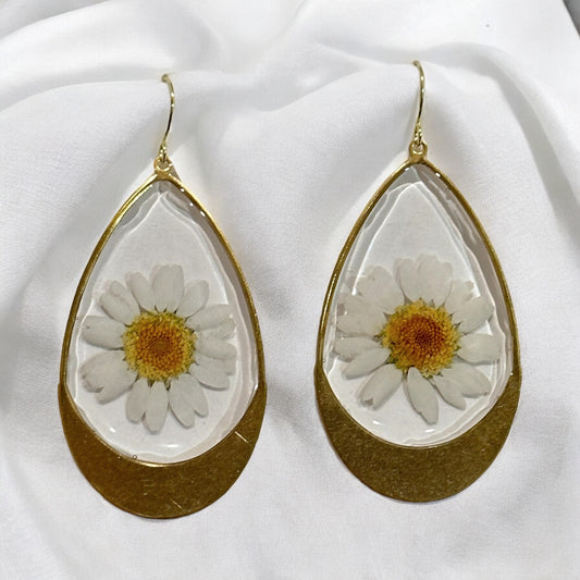 White Chrysanthemum Tear Drop Earrings Gold plated brass