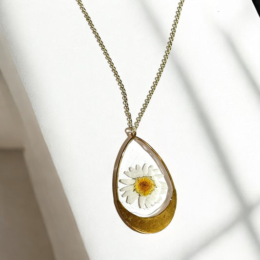 White Chrysanthemum Tear Drop Necklace Gold plated brass 18” chain