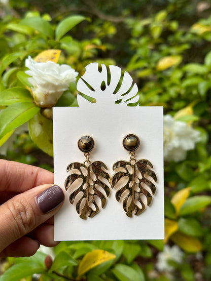 Monstera Faux Tigers Eye Earrings