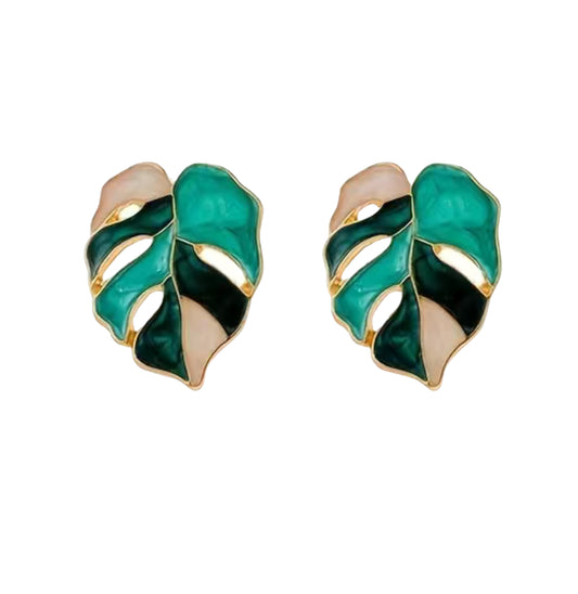 White Monstera Earrings - Copper & Enamel