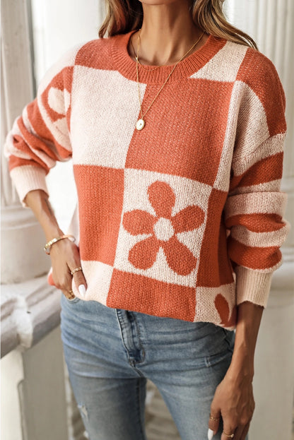 Checkered Floral Print Striped Sleeve Sweater Women's, Crew Neck (Orange/Brown)