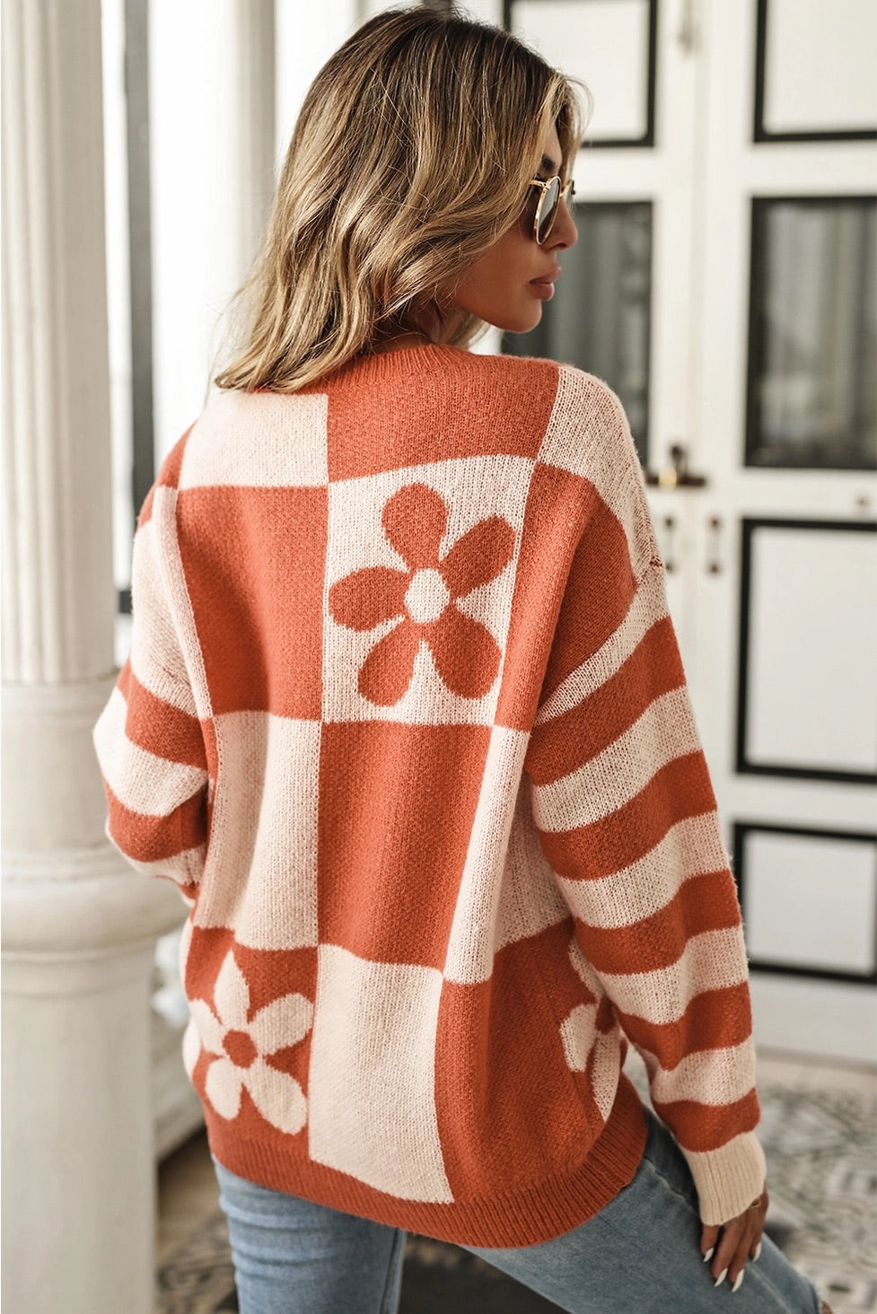 Checkered Floral Print Striped Sleeve Sweater Women's, Crew Neck (Orange/Brown)
