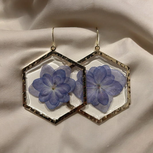 Blue Hydrangea Earrings Gold plated brass